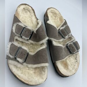 Birkenstock Arizona Shearling Suede Leather Stone Coin SZ EU42  Ladies 11 Mens 9